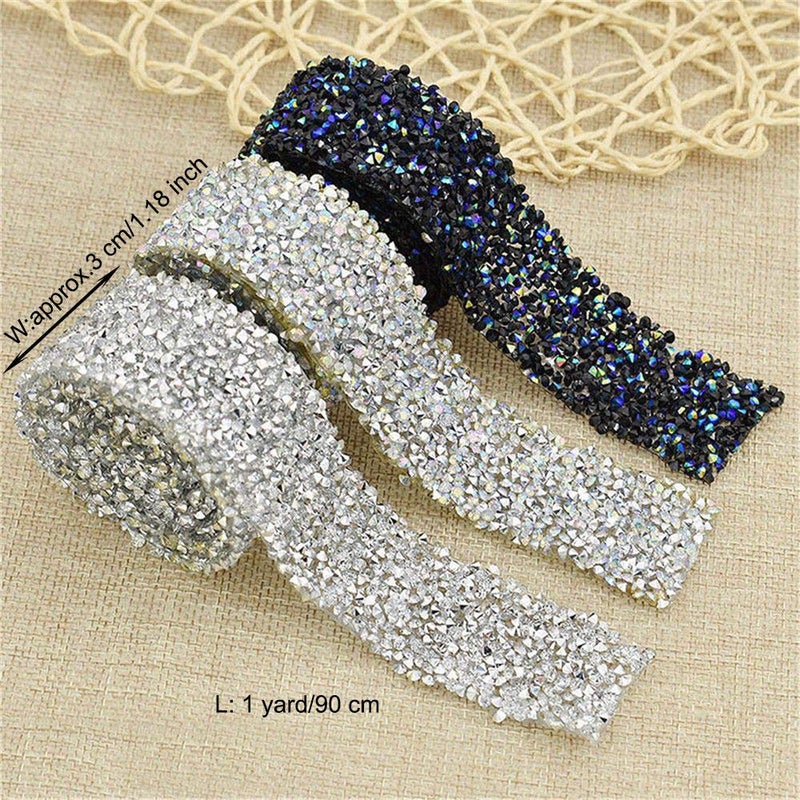 EORTA 1Yard X 3CM Rhinestone Beaded Trim Sparkling Crystal Rhinestone Hotfix Ribbon Iron on Applique Bling Chain Banding Belt for DIY Wedding Bridal Dress Embellishment Phone Wall Decor, Black Blue - Image 2